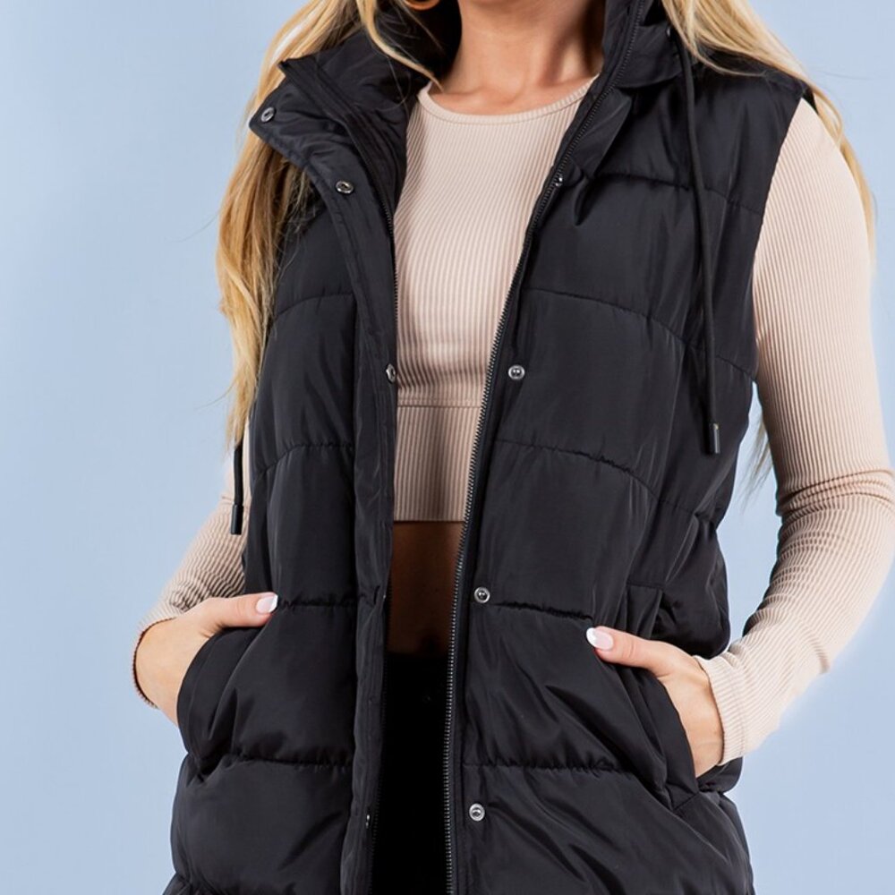 HIgh Collar Sleeveless Puffer Vest with Adjustable Drawstring Hood Fur Lined